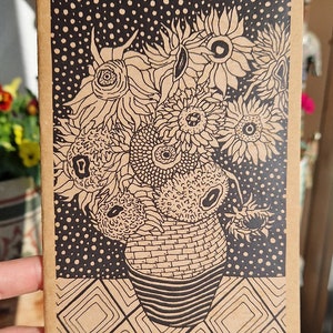 Carnet de notes rustique en papier kraft Van Gogh Tournesols, journal cousu main, couverture souple marron, carnet marron naturel avec papier d'art recyclé