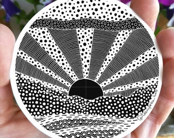 Sunrise vinyl sticker, Roy Lichtenstein painting, black white decal, zentangle, sticker helmet, laptop circle art, zentangle, Landscape art