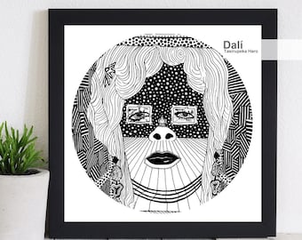 Salvador Dalí, Mae West portrait, Black and White Decorative Art Print, Surreal Painting, White Polka Dots, living room decoration, prints