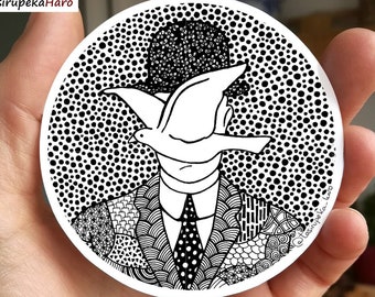 Magritte sticker, Portrait Man with Hat and Dove, waterproof vinyl Sticker, High Quality, surrealism, patchwork jacket, Man in a Bowler Hat