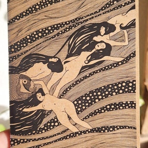Quaderno Gustav Klimt A6, Quaderno d'arte "Fish Blood", Quaderno diario, Blocco copertina morbida in carta riciclata, Disegno di sirena, Nuotatori di luna