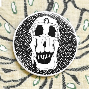Skull metal button badge, Salvador Dalí, Voluptuous Death, Naked women, surrealist drawing pin, black white skull, famous art