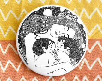 Motherhood badge Gustav Klimt, maternity drawing mother daughter son, woman babies, mother&#39;s day button badge classical art, Maternity Klimt