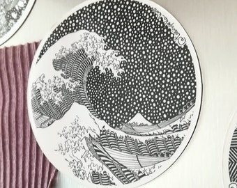 La Gran Ola de Kanagawa Katsushika Hokusai, Imán nevera, blanco negro monte Fuji Japón, imanes de colección de arte, Decoración cocina arte