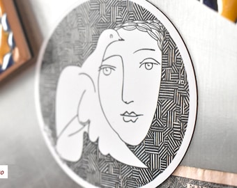Pablo Picasso Woman and Dove Magnet, surreal woman portrait, famous painting art, Fridge magnet, waterproof kitchen decor, geometric lines