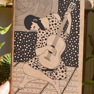 Quaderno chitarrista Picasso, diario in carta kraft marrone cucito a mano, blocco note con copertina morbida, quaderno in carta riciclata, arte illustrata con chitarra