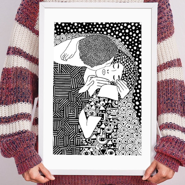 Le Baiser de Gustav Klimt, peinture d'art classique, célèbre peinture baiser, art contemporain, dessin zentangle, illustration cadeau de couple amoureux