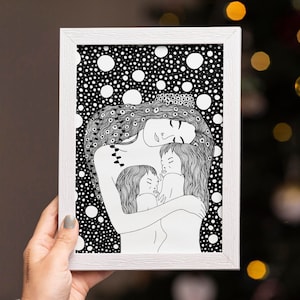 Gustav Klimt, Maternità, Madre con due figlie, Stampa artistica da parete, Donna con bambini, Disegno a pois bianchi, Opera d'arte classica, Dipinto famoso