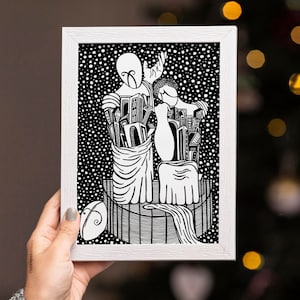 De Chirico, La comedia y la tragedia, ilustración personajes de teatro, regalo para actores, fondo blanco y negro romántico amor, pintores
