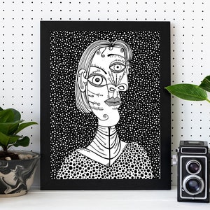 Picasso art, cubist Man portrait, surreal abstract painting, artist illustration, black and white polka dots drawing, cubism inspiration art