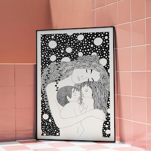 Gustav Klimt Motherhood, Mother with son and daughter, Wall art print maternity, woman with babies, white polka dots, classical famous art