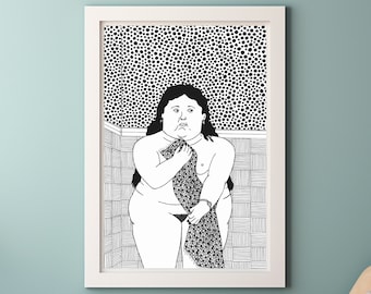 Botero, Frau im Bad, Wanddekoration, Aktfrau und Handtuch, Originalzeichnung eines berühmten Gemäldes, Schwarze Punkte, Dekorative Kunst