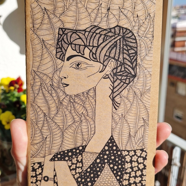 Picasso-Jacqueline-Notizbuch mit Blumen, handgenähtes kraftbraunes Tagebuch, Notizblock mit weichem Einband, Notizbuch aus recyceltem Papier mit bemalten Blumen