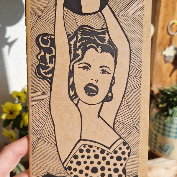 Mädchen mit Ball Roy Lichtenstein Notizbuch, handgenähtes kraftbraunes Tagebuch, Softcover-Notizblock, Notizbuch aus recyceltem Papier, Linienkunst