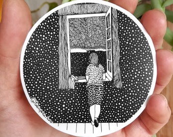 Aufkleber „Mädchen im Fenster“ von Salvador Dalí, Inspiration für berühmte Gemälde, Frauenillustration, Qualitätskleber, Motorrad-Vinylaufkleber