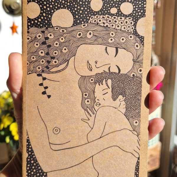 Cuaderno Kraft Gustav Klimt Maternidad, Madre con hijo, Bebé con mamá, Bloc de notas marrón tapa blanda, Libreta marrón papel arte reciclado