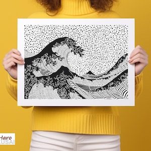 La grande onda di Kanagawa, Katsushika Hokusai, famosa onda giapponese, arte giapponese, pois bianchi e neri, paesaggio zen, idea regalo