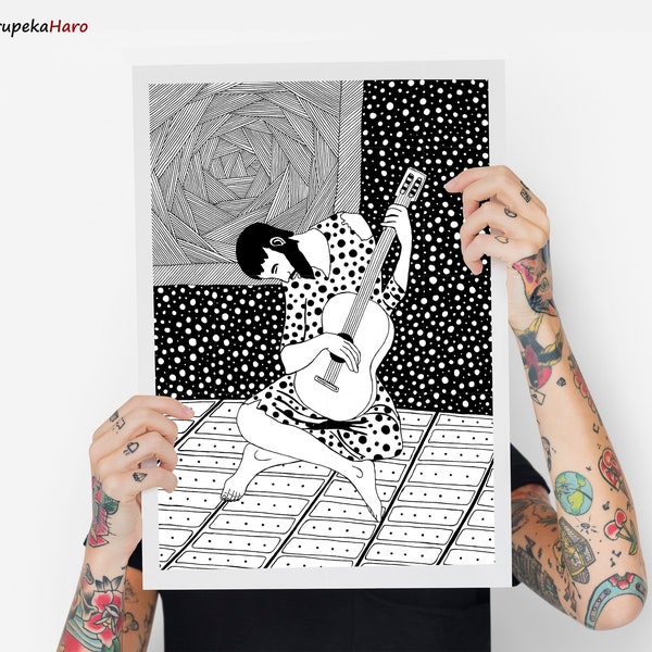 Pablo Picasso, Le vieux guitariste aveugle, peinture musique homme guitare, illustration d'art noir et blanc, décoration d'art classique