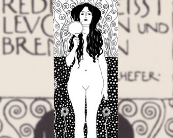 Nuda Veritas Klimt Bookmark, Illustration Naked Woman Mirror Flowers, The Naked Truth, book lovers, readers gift, paper art, free shipping