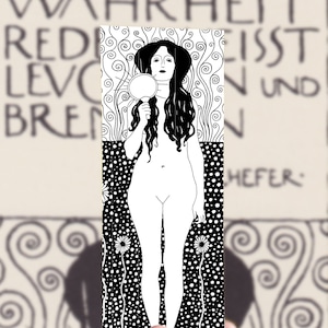 Nuda Veritas Klimt Bookmark, Illustration Naked Woman Mirror Flowers, The Naked Truth, book lovers, readers gift, paper art, free shipping