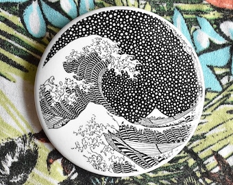 Hokusai button badge, The wave off Kanagawa, japanese style dots, black and white pin, Japan famous painting, Metal wave decor, metallic art