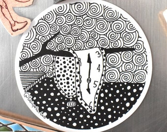 Salvador Dali Clock fridge magnet, surreal famous painting inspiration, black white drawing, kitchen decoration, classical art, Surrealism