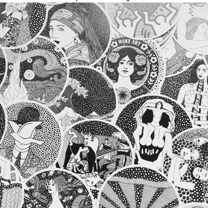 May include: A collection of black and white circular stickers featuring various artistic designs, including a woman with a pearl earring, a wave, a bull, and a sun. The stickers are arranged in a random pattern and have a dotted background. The text "TasiripekaHaroART.etsy.com" is visible at the top of the image.