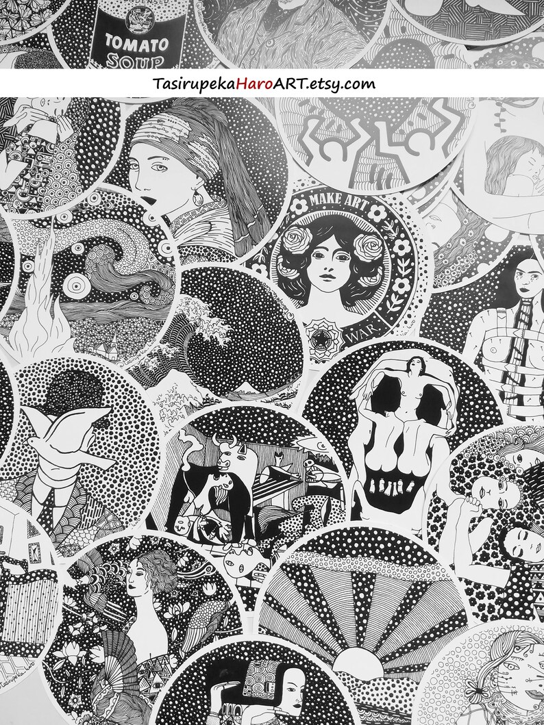 May include: A collection of black and white circular stickers featuring various artistic designs, including a woman with a pearl earring, a wave, a bull, and a sun. The stickers are arranged in a random pattern and have a dotted background. The text "TasiripekaHaroART.etsy.com" is visible at the top of the image.
