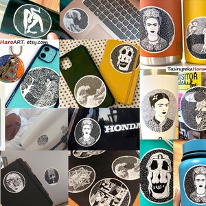 May include: A collage of images showcasing various sticker designs featuring black and white illustrations of famous artwork. The stickers are displayed on different surfaces, including laptops, water bottles, and phone cases. The designs include a skull, a wave, a woman's face, and a figure in a bathtub.