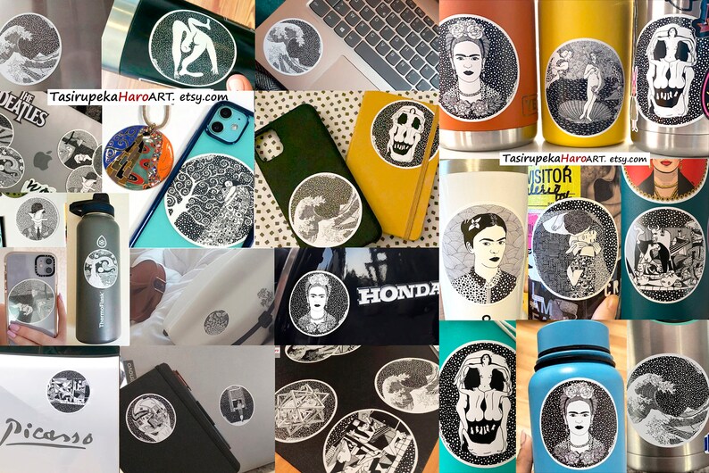 May include: A collage of images showcasing various sticker designs featuring black and white illustrations of famous artwork. The stickers are displayed on different surfaces, including laptops, water bottles, and phone cases. The designs include a skull, a wave, a woman's face, and a figure in a bathtub.