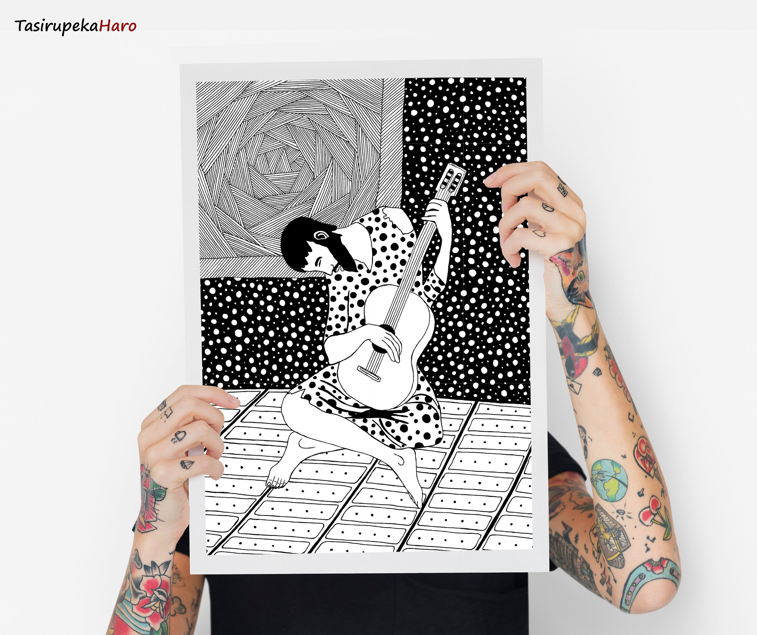 パブロ・ピカソ『老盲のギタリスト』、絵画、ギターを弾く男性、白黒の