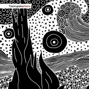 May include: Black and white abstract art print with a central motif of a tall, thin, flame-like shape. The background features a variety of geometric shapes, including circles, triangles, and wavy lines.