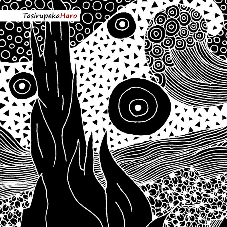 May include: Black and white abstract art print with a central motif of a tall, thin, flame-like shape. The background features a variety of geometric shapes, including circles, triangles, and wavy lines.