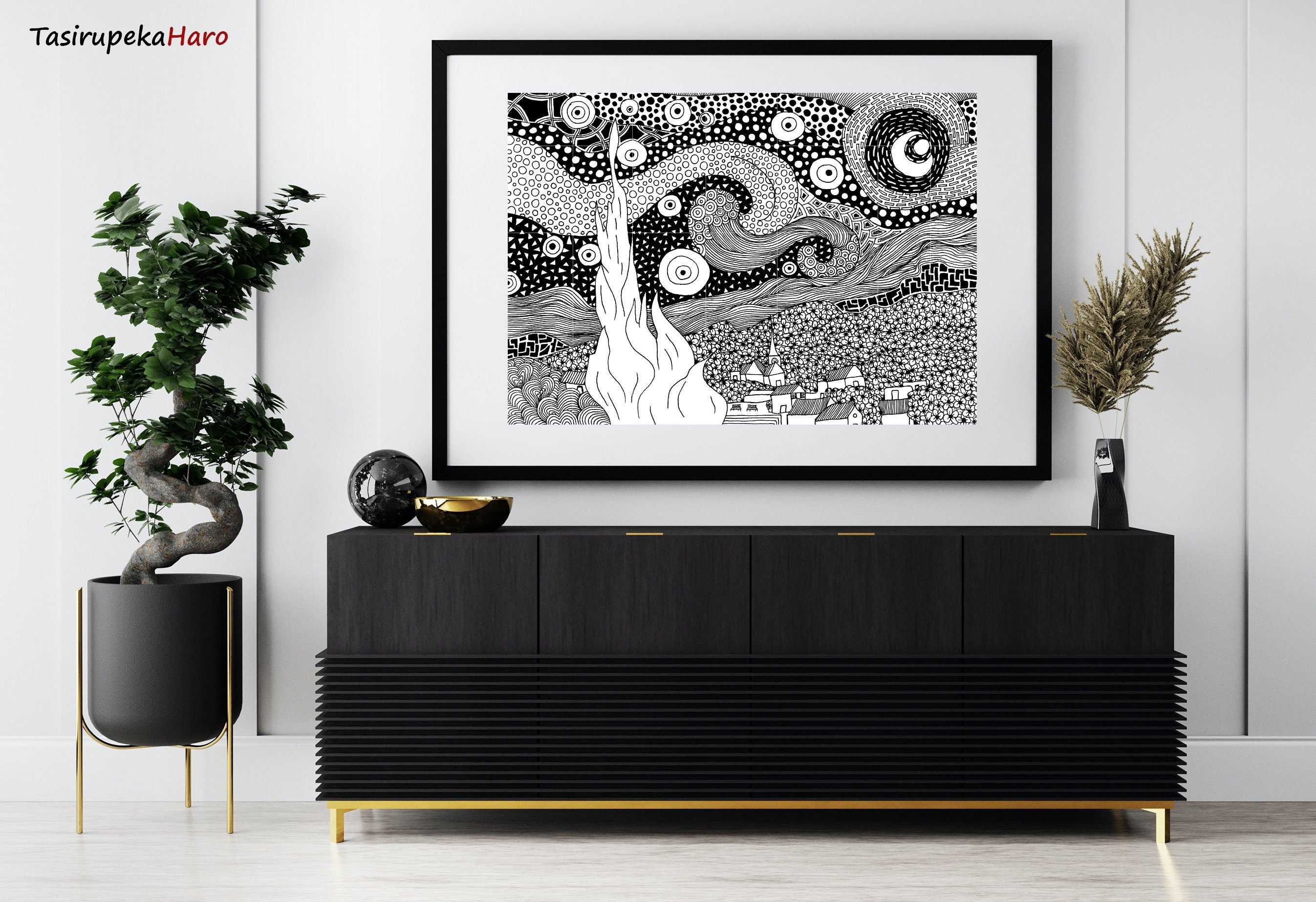 Van Gogh, the Starry Night, Zentangle Illustration, Art Print