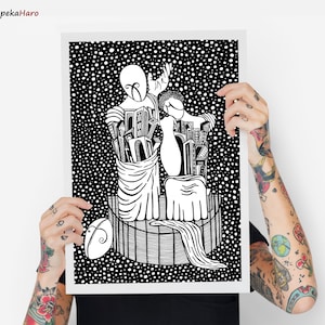 De Chirico Sticker, Comedy and tragedy, theater illustration, gift for actors, romantic love, black and white lovers, gift for painters