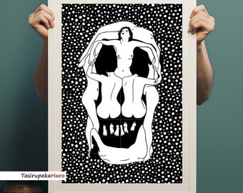 サルバドール・ダリ『官能的な死』、裸婦と頭蓋骨、白黒の装飾版画