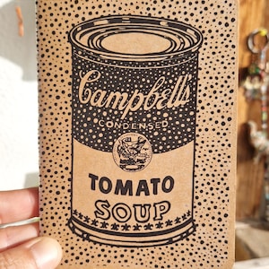 Andy Warhol, quaderno d'arte A6, famoso poster della zuppa di pomodoro, cibo pop art, blocco note con copertina morbida in carta riciclata, regalo per artista