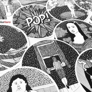 May include: A collection of black and white circular stickers featuring various artistic designs, including a wave, a window, a portrait, and a bull. The word "POP!" is featured on one of the stickers.