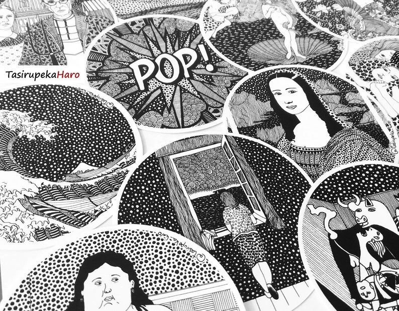 May include: A collection of black and white circular stickers featuring various artistic designs, including a wave, a window, a portrait, and a bull. The word "POP!" is featured on one of the stickers.