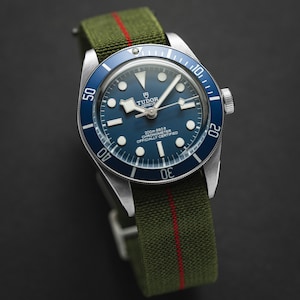 Pode incluir: Um relógio de pulso prateado com um mostrador azul e uma pulseira de nylon verde e vermelha. O mostrador do relógio tem marcas brancas e o texto "TUDOR GENEVE 200m 580ft CHRONOMETER OFFICIALLY CERTIFIED".