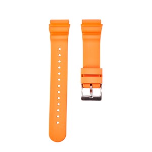 May include: Orange silicone watch strap with a silver buckle.