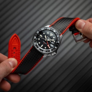 Black Leather Watch Strap: Orange Stitch, Hybrid Rubber, 20mm 22mm 24mm