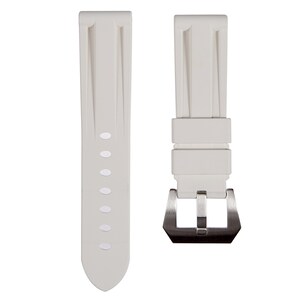 May include: A white silicone watch strap with a silver buckle. The strap has a textured design and is designed for a watch with a 22mm lug width.