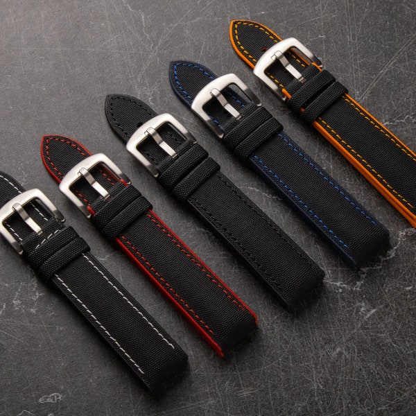 Strapseeker Luca Nylon Canvas FKM Rubber Hybrid Stitch Watch Strap - Bracelets de montre de sport étanches 20 mm 22 mm 24 mm Noir Bleu Orange Rouge