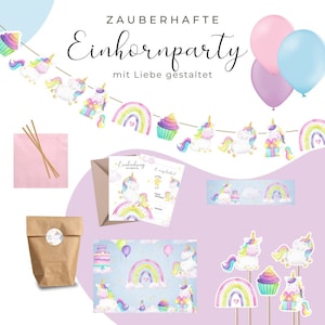 Einhorn Party Set für 6, 9, 12 Gäste - Party Deko Box mit Girlande, Luftballons, Einladungskarten, und mehr - Kindergeburtstag - Regenbogen