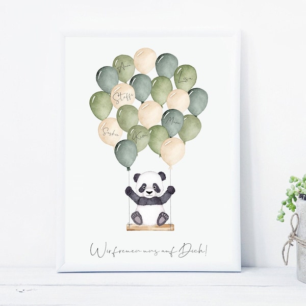 Gästebuch Poster Baby Party Panda - Babyshower - DIN A4 oder A3 - Babyzimmer - Kinderposter - Geburt - Tier - Gästebild - Luftballons - Boho