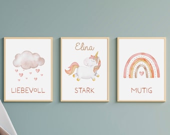 Einhorn Poster - 3er Set - A4 oder A3 - auf Wunsch personalisiert - Affirmation - Kinderposter - Regenbogen - Geburtsposter - Bunt - Boho