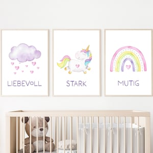 Set poster unicorno per la camera dei bambini - A4 o A3 - personalizzato su richiesta - affermazione - arcobaleno - poster nascita - colorato - boho