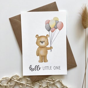 Ours avec des ballons - bonjour PETIT - carte postale - carte de félicitations - carte anniversaire - naissance - aquarelle - peluche - ours en peluche