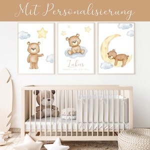 Cartel de osito de peluche - juego de 3 - personalizado - DIN A4 o A3 - habitación infantil - cartel infantil - osito de peluche - regalo - cartel de nacimiento